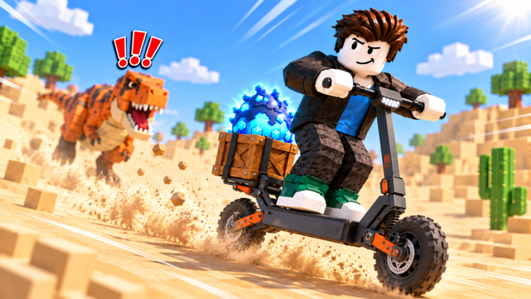 Official art of the egg-stealing chase: a glowing blue egg rides in the crate of a scooter while an angry T-rex lunges from behind with warning marks overhead.